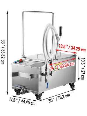 VEVOR mobile fryer filter with dimensions and stainless steel body on wheels.
