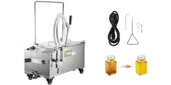 VEVOR mobile fryer filter with hoses, power cord, and oil showing filtering process.