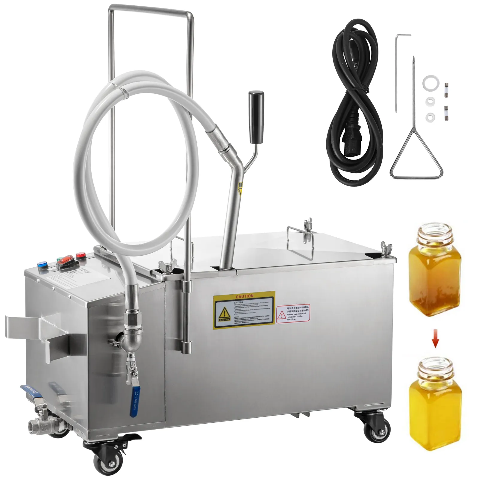 VEVOR mobile fryer filter with hoses, power cord, accessories, and oil filtration jars.
