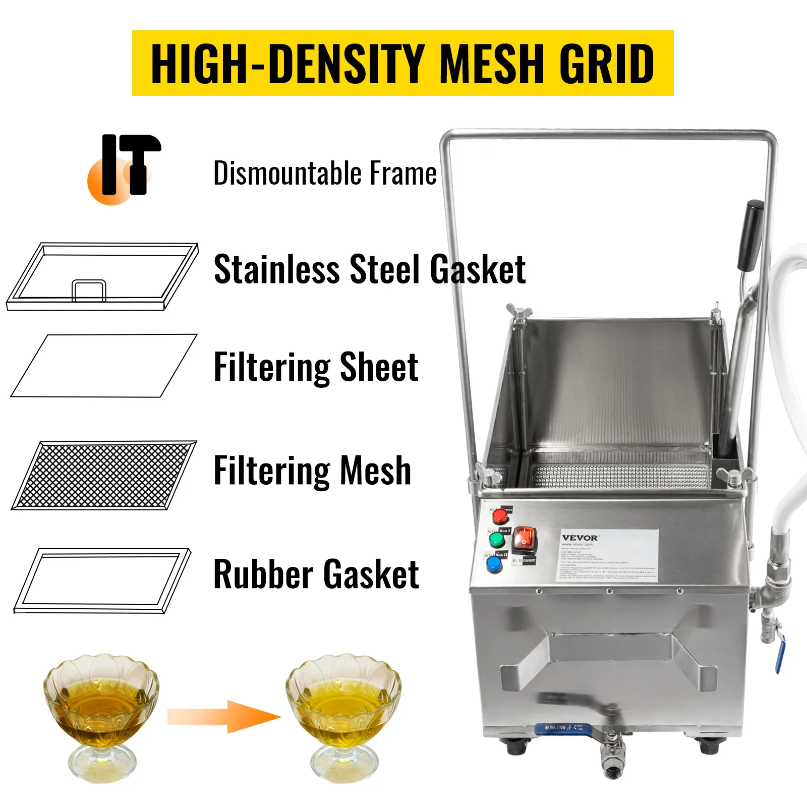 VEVOR mobile fryer filter with high-density mesh grid and filtering components.