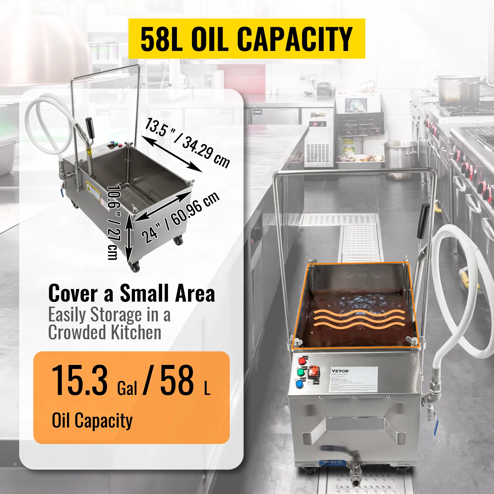 VEVOR mobile fryer filter in a commercial kitchen with 58l oil capacity.