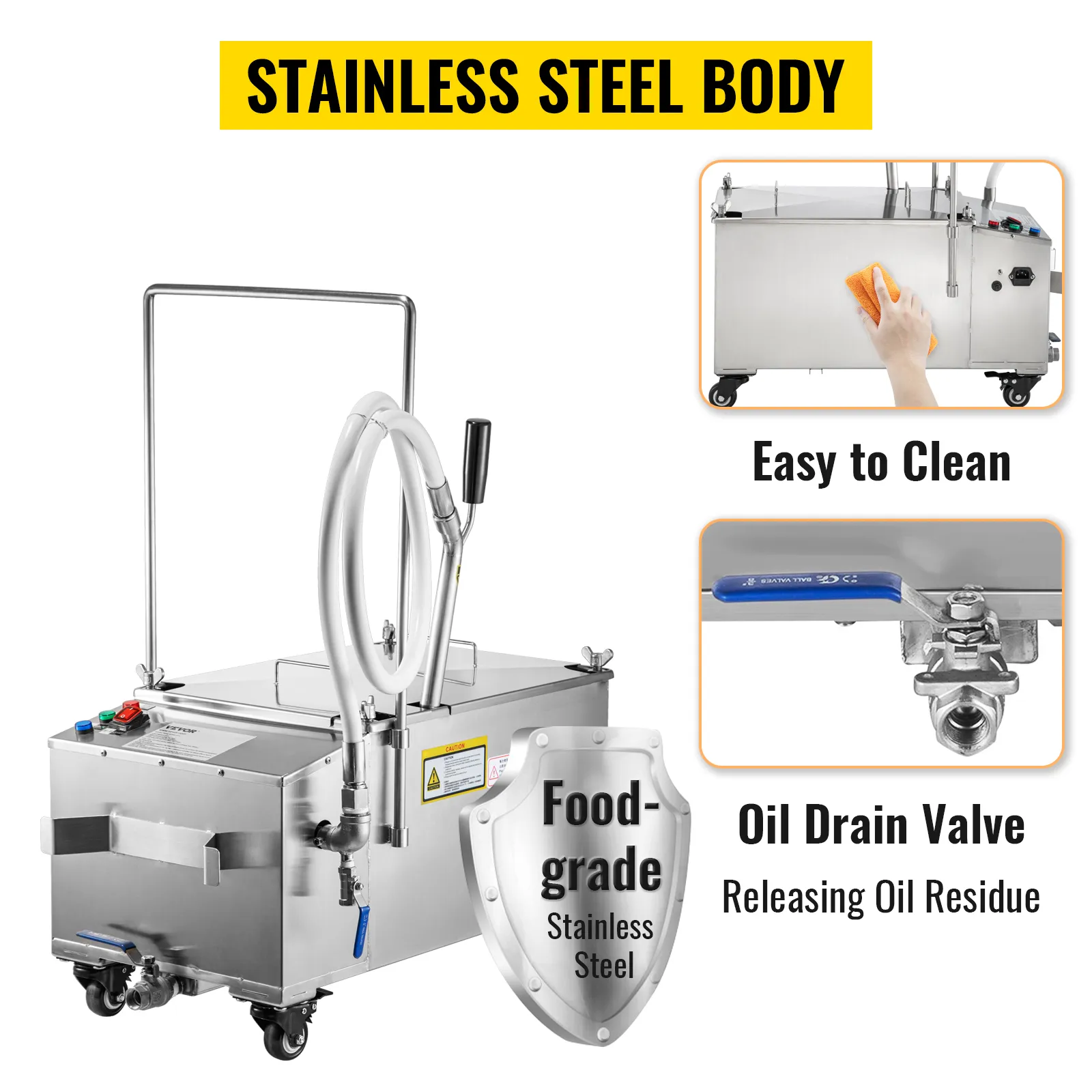 VEVOR mobile fryer filter: stainless steel, oil drain valve, easy to clean, food-grade.