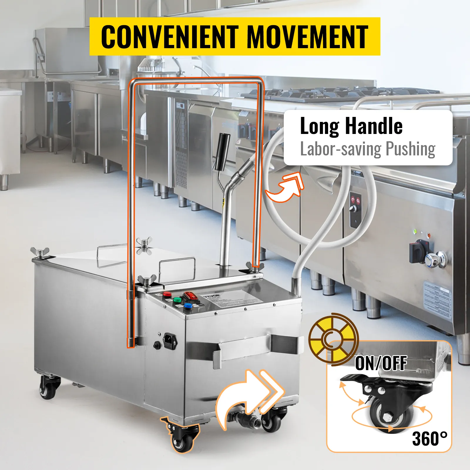 VEVOR mobile fryer filter in a commercial kitchen with long handle for easy movement.