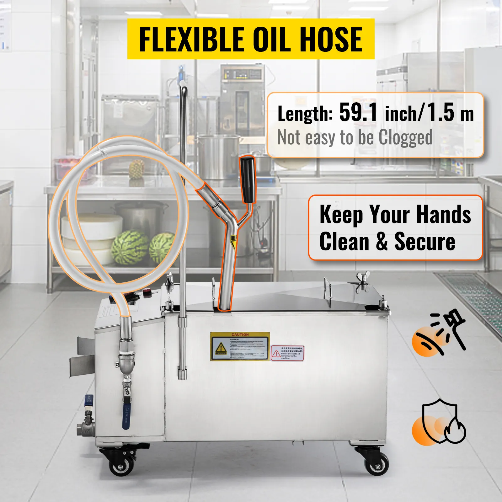 VEVOR mobile fryer filter with flexible oil hose in a commercial kitchen setting.