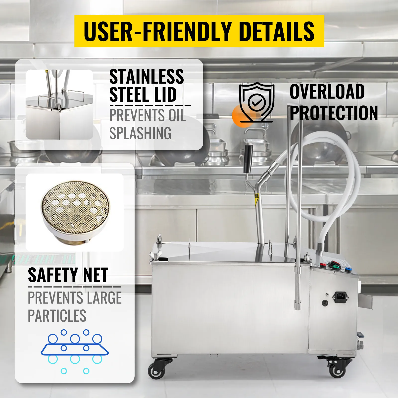 VEVOR mobile fryer filter with stainless steel lid and safety net on kitchen counter.