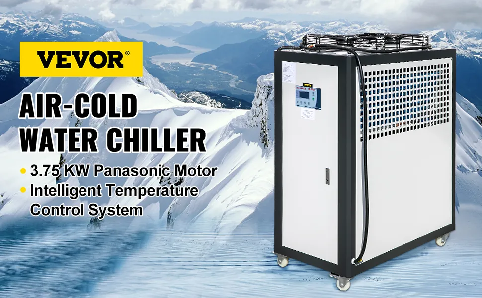 VEVOR industrial air-cooled chiller with 3.75 kw panasonic motor and intelligent control.