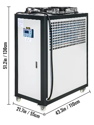 VEVOR industrial air-cooled chiller with dimensions labeled for height, width, and depth.