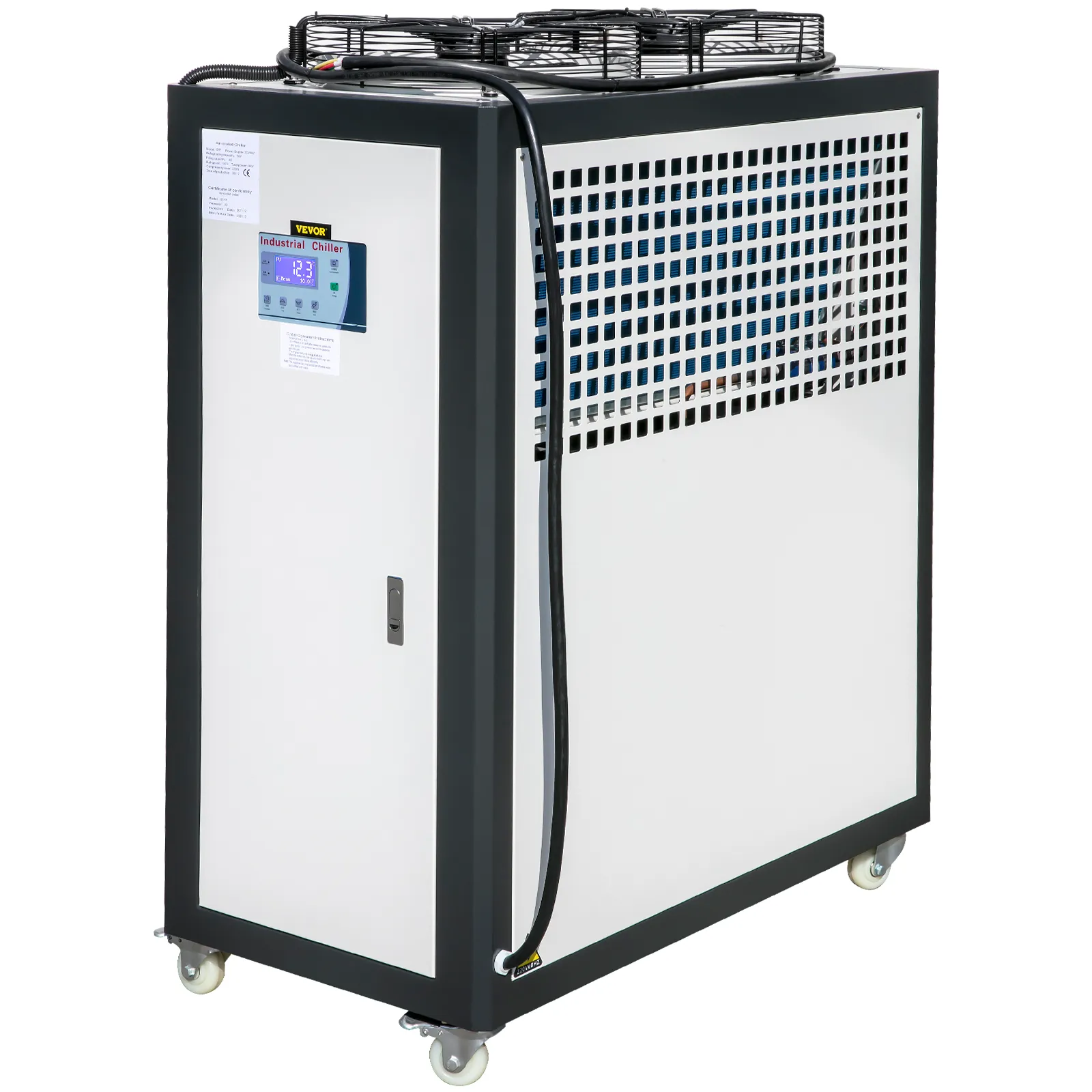VEVOR industrial air-cooled chiller with digital display and ventilation grilles.