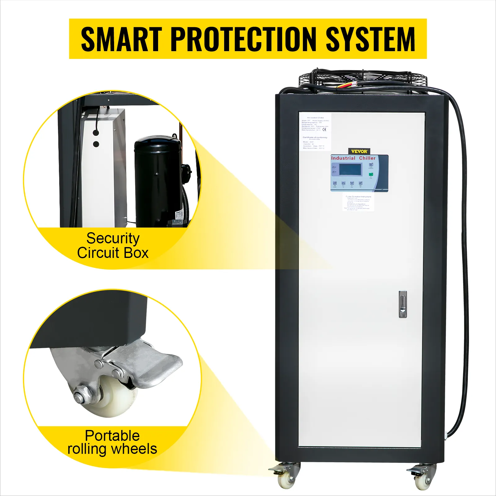 VEVOR industrial air-cooled chiller with smart protection system, circuit box, and wheels.