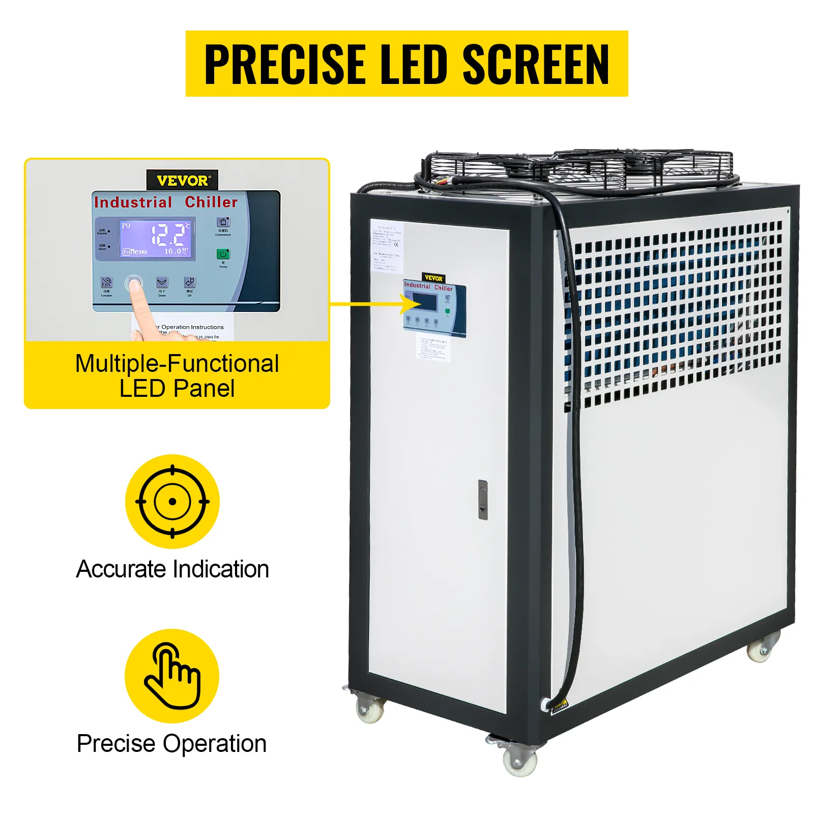VEVOR industrial air-cooled chiller with precise led screen and multifunctional panel.