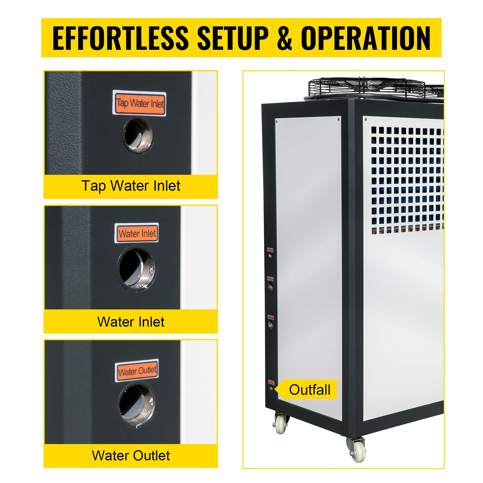 VEVOR industrial air-cooled chiller with tap water inlet, water inlet, and water outlet.