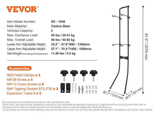 Stojak na rowery VEVOR z ramą ze stali węglowej, mieści 2 rowery, maks. obciążenie 90 funtów i ma regulowane ramiona.