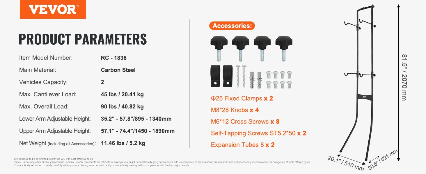 Stojak na rowery VEVOR z ramą ze stali węglowej, mieści 2 rowery, maks. obciążenie 90 funtów i ma regulowane ramiona.