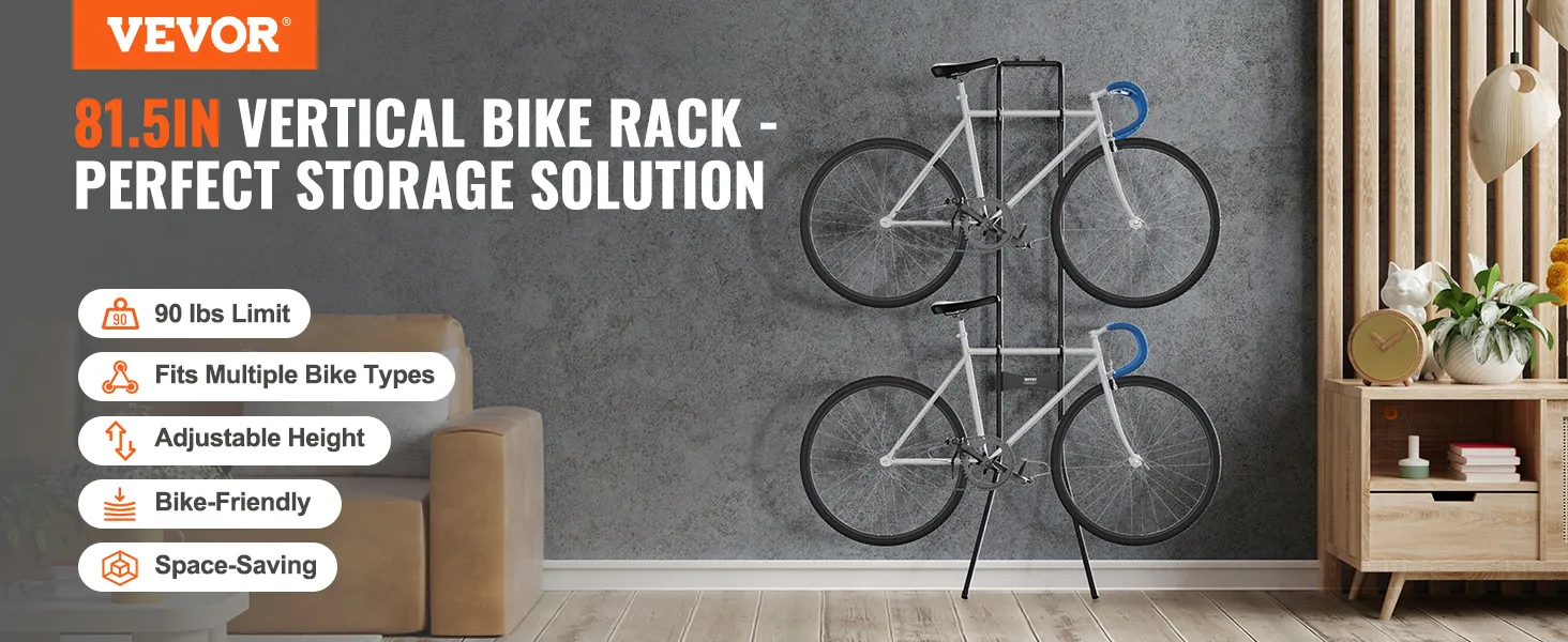 Stojak na rowery VEVOR mieszczący dwa rowery, oszczędzający miejsce i posiadający regulowaną wysokość.
