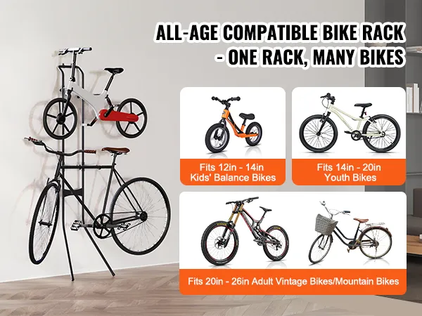 ścienny stojak na rowery VEVOR, przeznaczony do przechowywania rowerów w różnych rozmiarach, dla osób w każdym wieku, kompatybilny z rowerami biegowymi, młodzieżowymi i dla dorosłych.