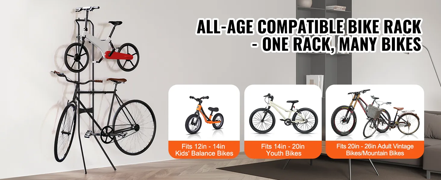 ścienny stojak na rowery VEVOR, przeznaczony do przechowywania rowerów w różnych rozmiarach, dla osób w każdym wieku, kompatybilny z rowerami biegowymi, młodzieżowymi i dla dorosłych.