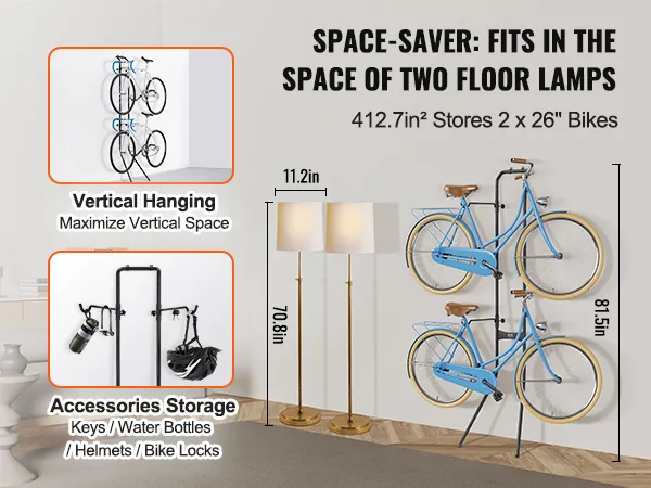 Stojak na rowery VEVOR umożliwiający pionowe zawieszenie i przechowywanie akcesoriów, zajmuje tyle samo miejsca, co dwie lampy podłogowe.