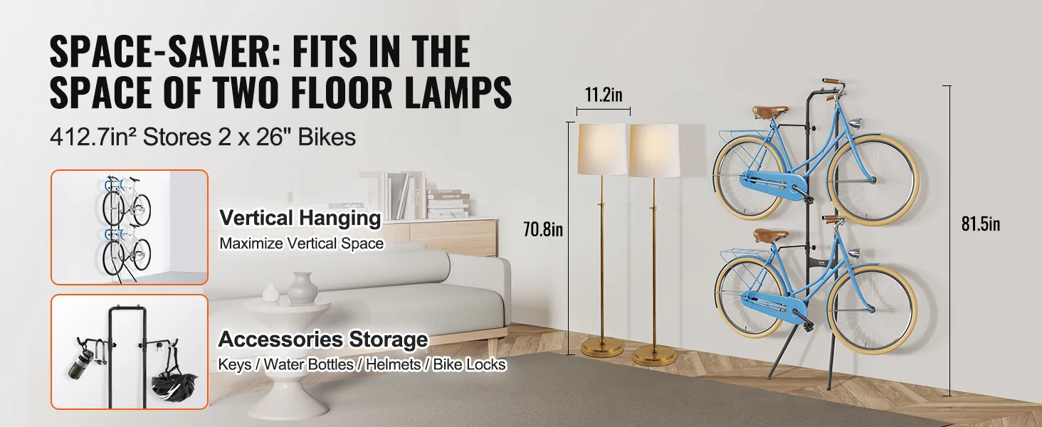 Stojak na rowery VEVOR umożliwiający pionowe zawieszenie i przechowywanie akcesoriów, zajmuje tyle samo miejsca, co dwie lampy podłogowe.
