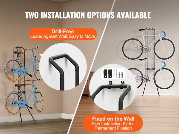 Istnieją dwie opcje montażu stojaka na rowery VEVOR: oparcie bez wiercenia lub zamocowanie na ścianie za pomocą śrub.