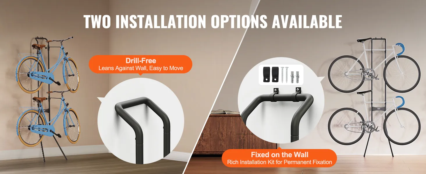 Istnieją dwie opcje montażu stojaka na rowery VEVOR: oparcie bez wiercenia lub zamocowanie na ścianie za pomocą śrub.