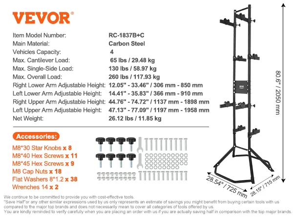 VEVOR bike storage rack product parameters showing carbon steel, 4-bike capacity, and included accessories.