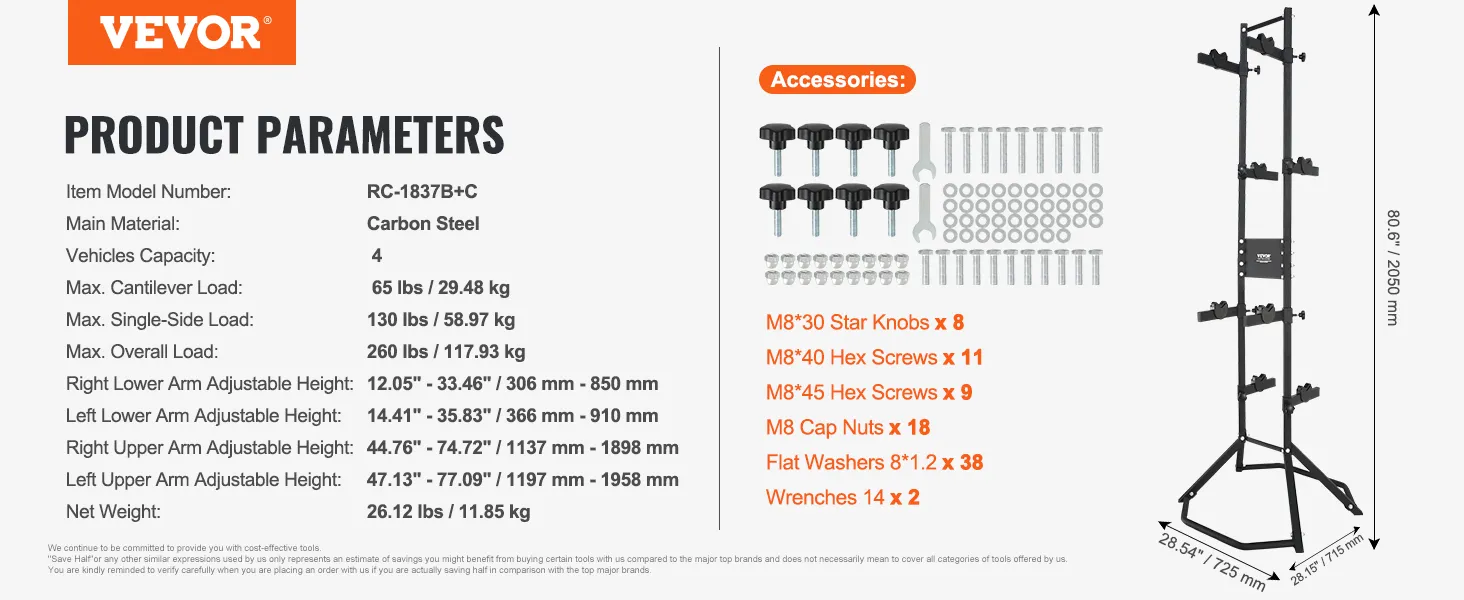 VEVOR bike storage rack product parameters showing carbon steel, 4-bike capacity, and included accessories.