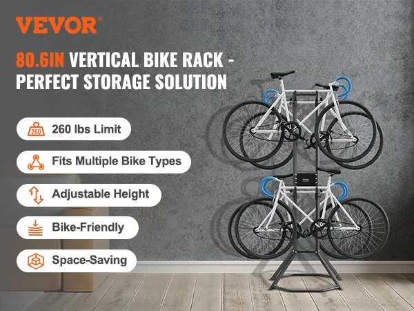 VEVOR bike storage rack, vertical bike rack holding two bikes in a modern living space.