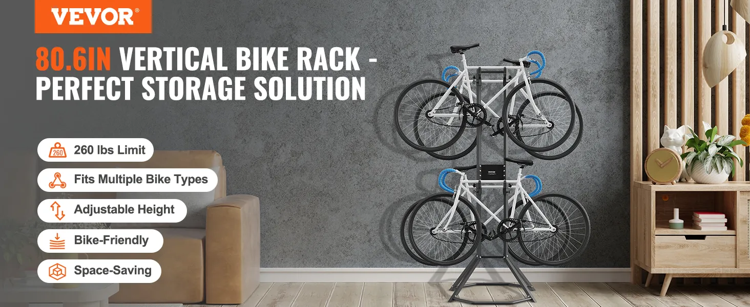 VEVOR bike storage rack, vertical bike rack holding two bikes in a modern living space.