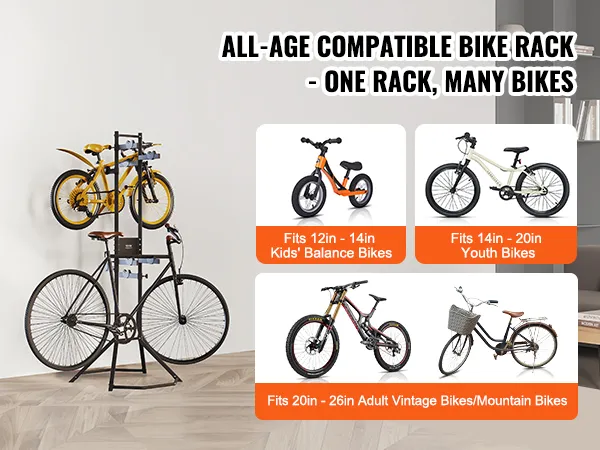 VEVOR bike storage rack holding a kid's bike and an adult bike in a modern living room setting.