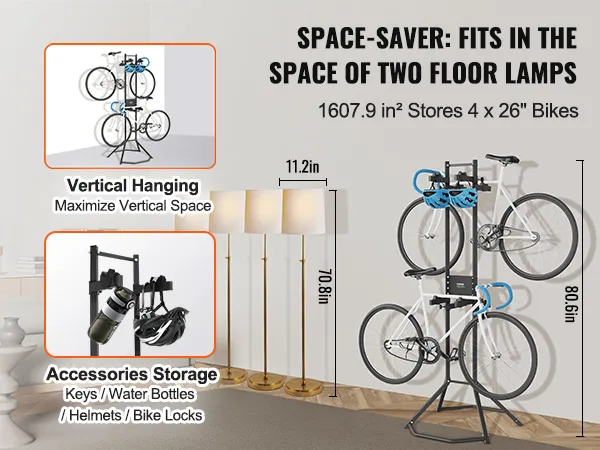 VEVOR bike storage rack stores 4 bikes, saves space, includes vertical hangers, and accessories storage.