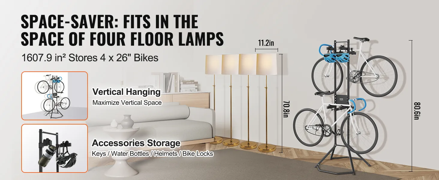 VEVOR bike storage rack stores 4 bikes, saves space, includes vertical hangers, and accessories storage.