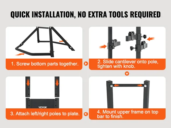 quick installation steps for VEVOR bike storage rack: screw parts, slide cantilever, attach poles, mount frame.