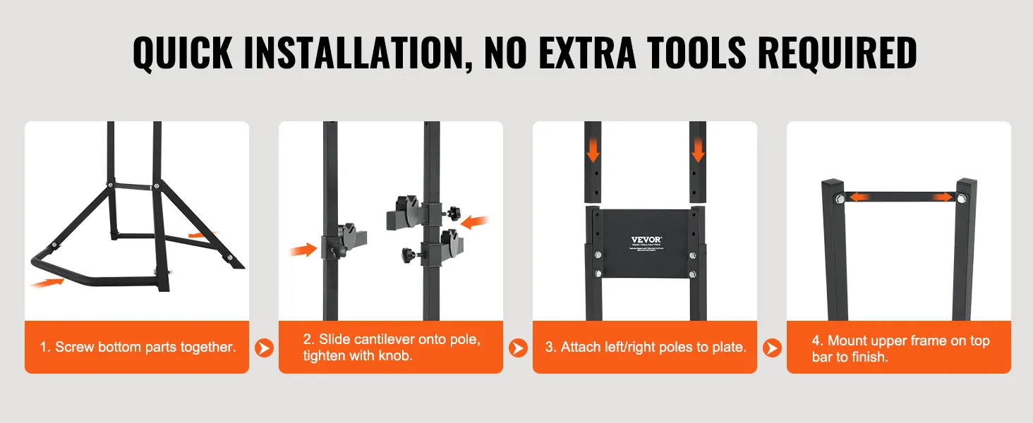 quick installation steps for VEVOR bike storage rack: screw parts, slide cantilever, attach poles, mount frame.