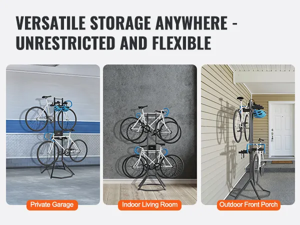VEVOR bike storage rack showcasing versatile storage in a garage, living room, and outdoor porch.