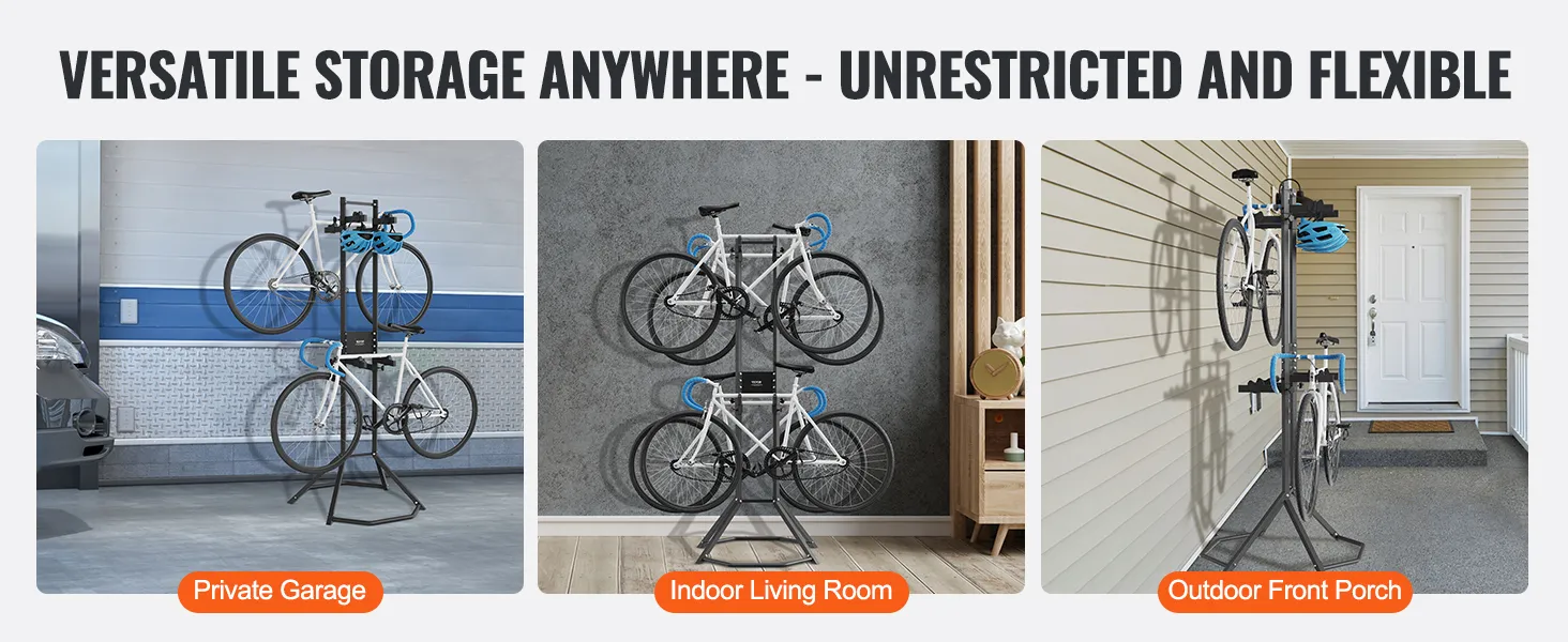 VEVOR bike storage rack showcasing versatile storage in a garage, living room, and outdoor porch.
