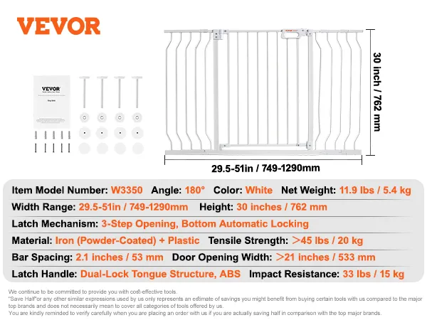 VEVOR babyhekje, 30 inch hoog, 29,5 tot 53 inch breed, opening in 3 stappen, dubbele vergrendeling.