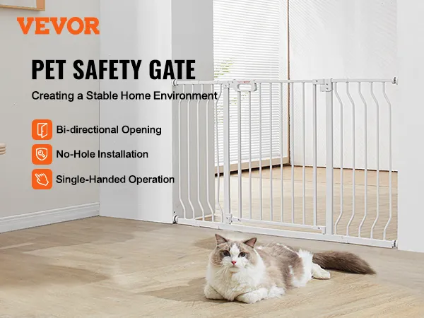 VEVOR-kinderhekje in een modern huis met kind en huisdier, met nadruk op bidirectionele opening en installatie zonder gaten.