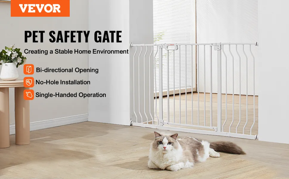 VEVOR-kinderhekje in een modern huis met kind en huisdier, met nadruk op bidirectionele opening en installatie zonder gaten.