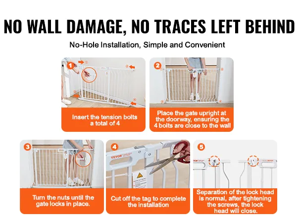 Installatiestappen voor het VEVOR-babyhekje: spanbouten, verticale positionering, borgmoeren, snijlipje, slotkop.