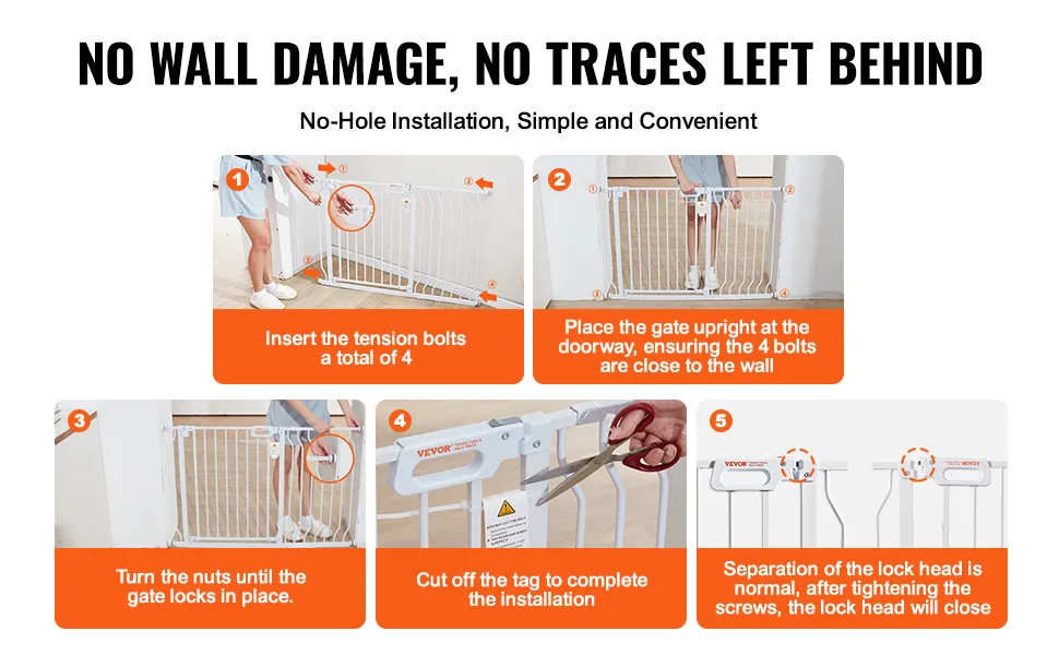 Installatiestappen voor het VEVOR-babyhekje: spanbouten, verticale positionering, borgmoeren, snijlipje, slotkop.