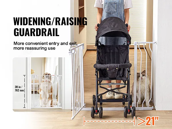 Das Babygitter von VEVOR bietet mit den Maßen 30 Zoll und 21 Zoll einen breiteren Zugang für Kinderwagen und Haustier.