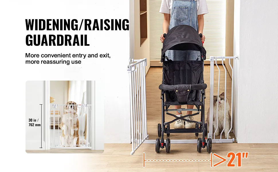 Das Babygitter von VEVOR bietet mit den Maßen 30 Zoll und 21 Zoll einen breiteren Zugang für Kinderwagen und Haustier.