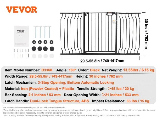 VEVOR Babygitter, schwarz, Eisen, 29,5-57,8 Zoll Breite, 30 Zoll Höhe, Doppelverriegelung, 14 Pfund Gewicht.