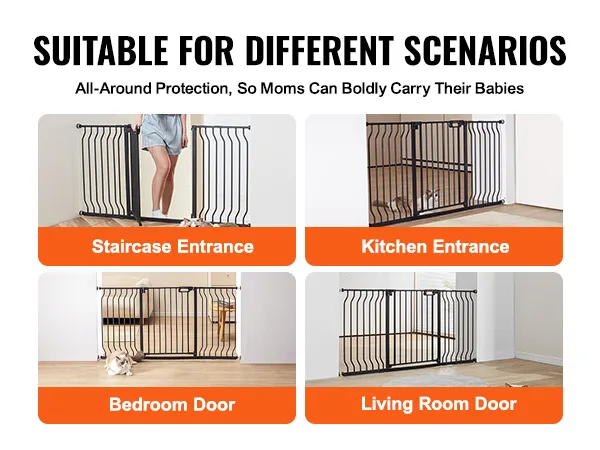 Das VEVOR-Babygitter wird in verschiedenen Wohnumgebungen präsentiert: Treppenhaus, Küche, Schlafzimmer und Wohnzimmer.