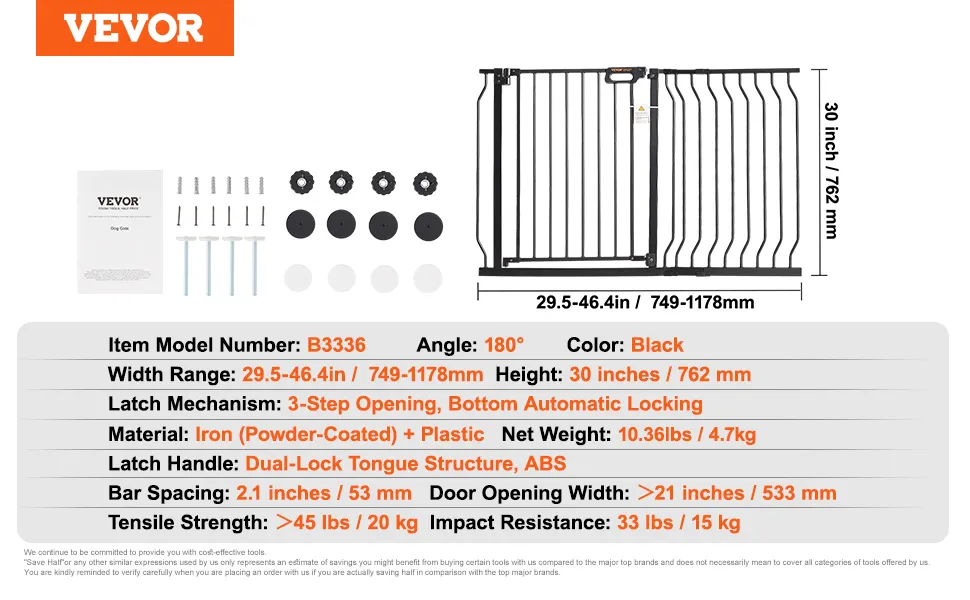 VEVOR baby gate model b3336, black, adjustable width 29.5-48.4 inches, height 30 inches.