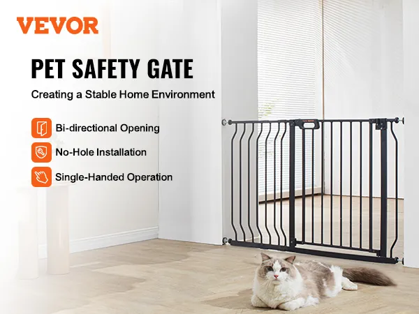 VEVOR baby gate with bi-directional opening, no-hole installation, single-handed operation.