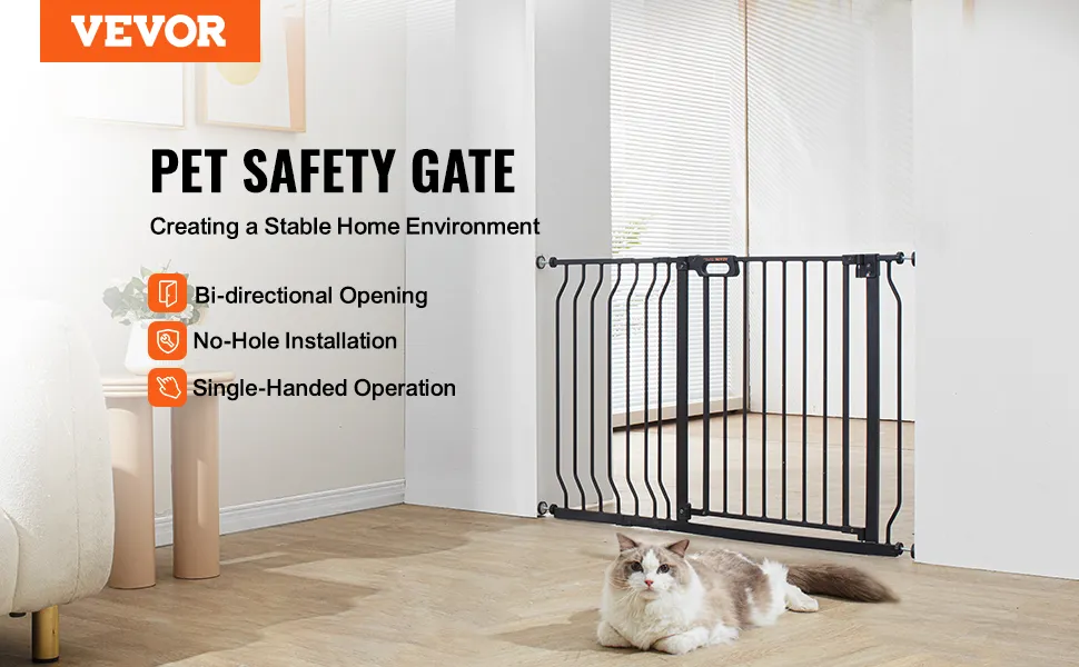 VEVOR baby gate with bi-directional opening, no-hole installation, single-handed operation.