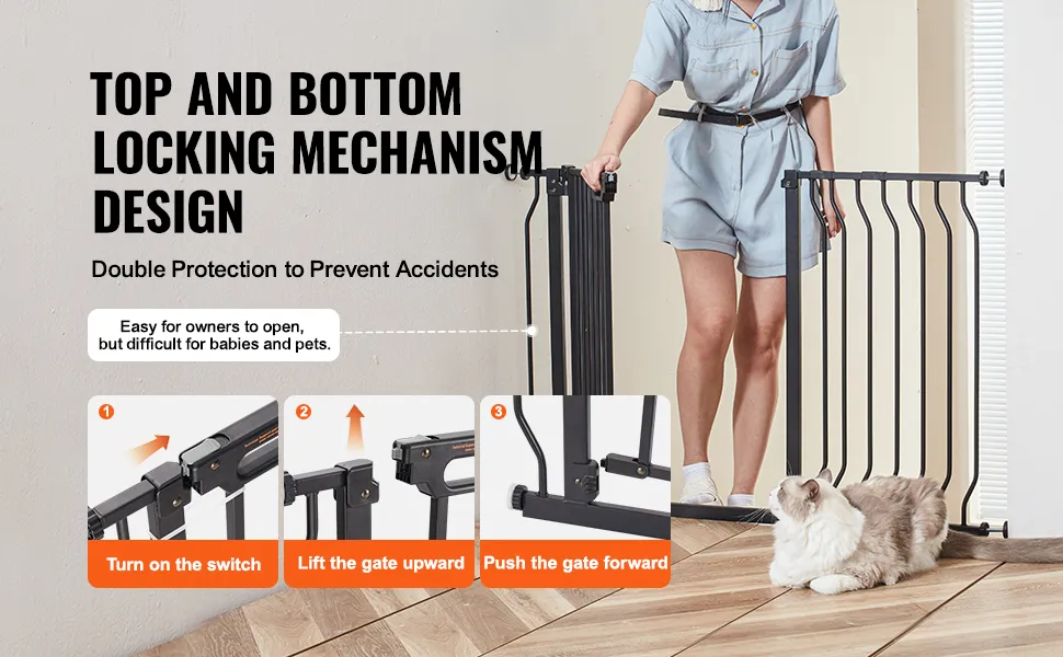 VEVOR baby gate with top and bottom locking mechanism, showcasing step-by-step opening instructions.