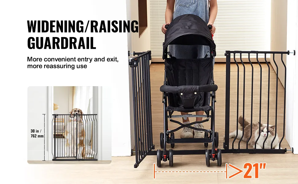 widening VEVOR baby gate with stroller access and pet, 30 in tall, 21 in wide opening.