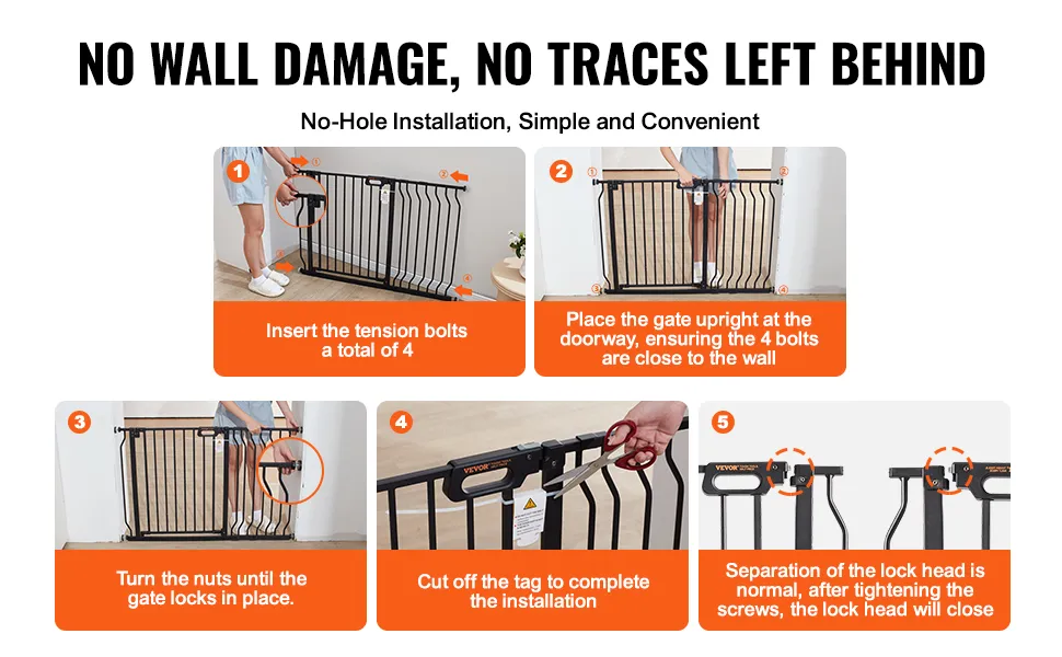 steps to install VEVOR baby gate: insert bolts, place upright, tighten nuts, cut tag, check lock.